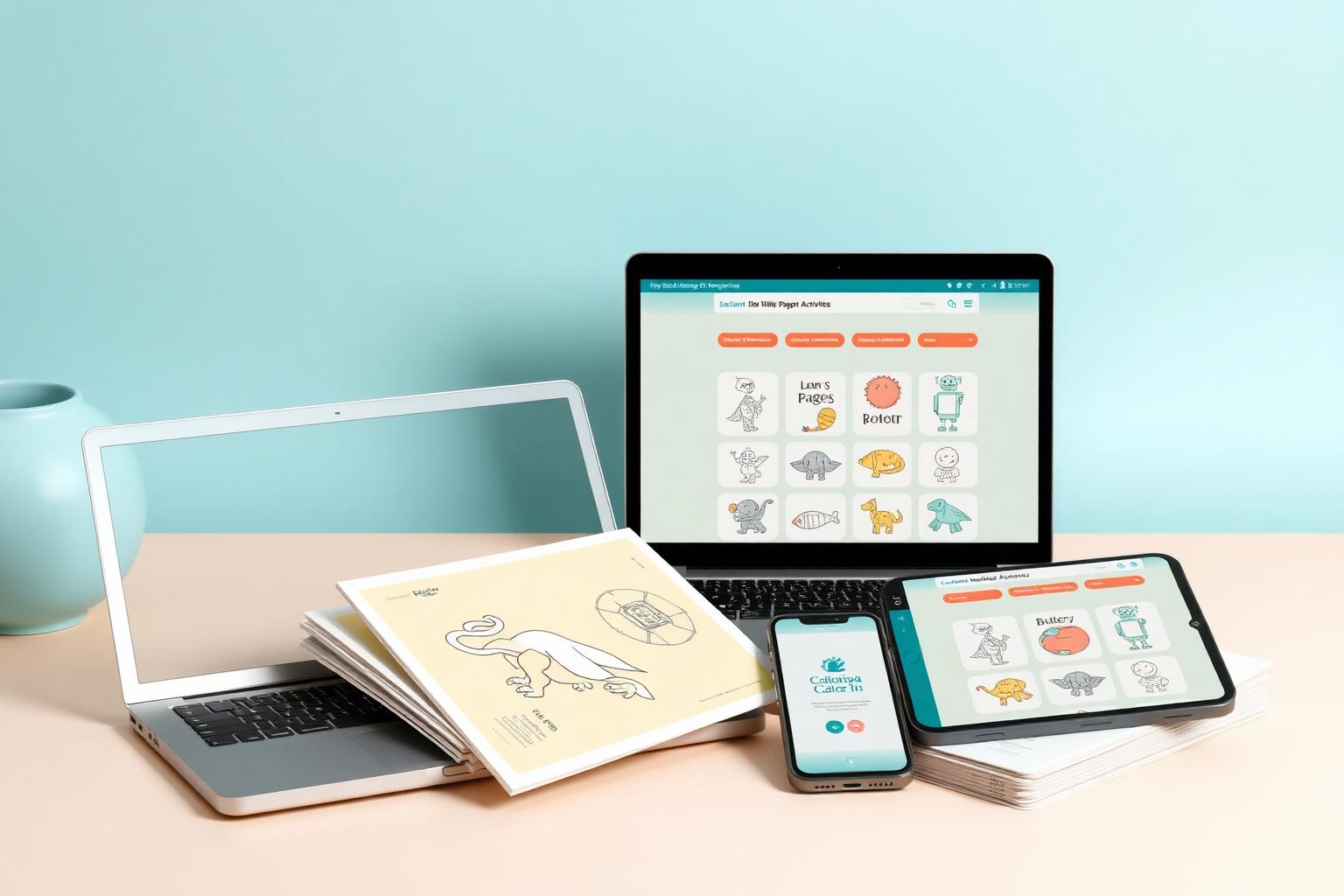 Notebook, tablet e celular exibindo a plataforma Color Kids ao lado de páginas impressas