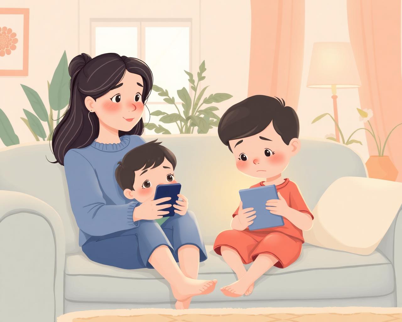 Mãe observando com carinho o filho concentrado no celular