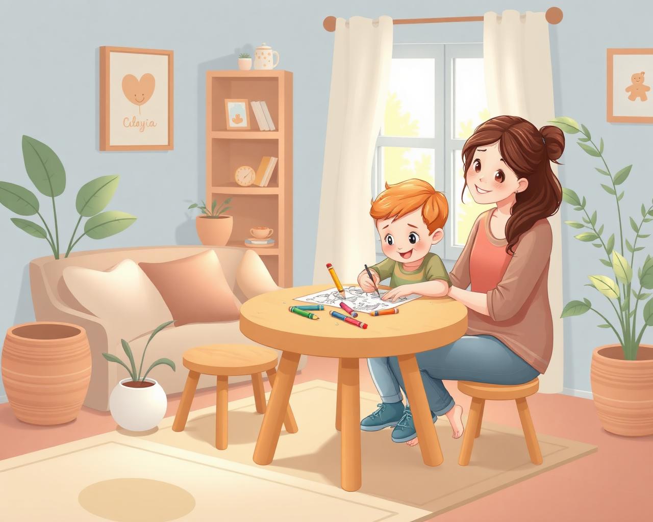 Criança colorindo em uma mesa organizada enquanto a mãe observa sorrindo